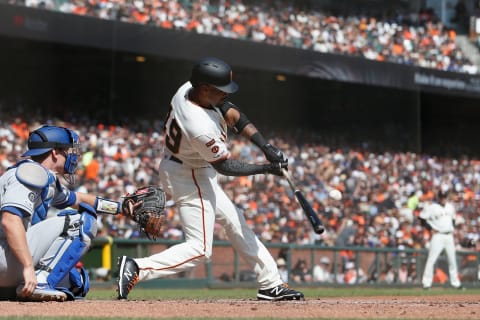 SF Giants outfielder Jaylin Davis swings. (Photo by Lachlan Cunningham/Getty Images)