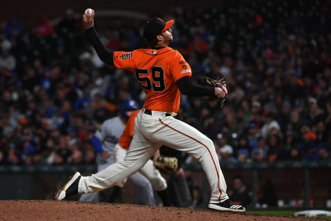 SF Giants pitcher Andrew Suarez pitches in 2019. (Photo by Robert Reiners/Getty Images)