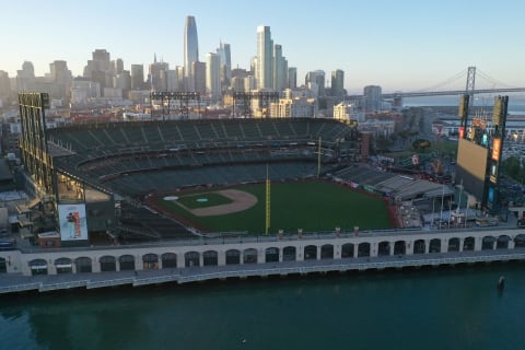 An aerial view of Oracle Park, where the San Francisco Giants play. (Photo by Ezra Shaw/Getty Images)