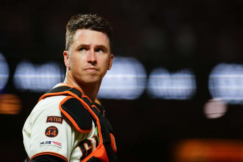 SAN FRANCISCO, CALIFORNIA – SEPTEMBER 24: Buster Posey #28 of the SF Giants looks on during the game against the Colorado Rockies at Oracle Park on September 24, 2019. (Photo by Daniel Shirey/Getty Images)