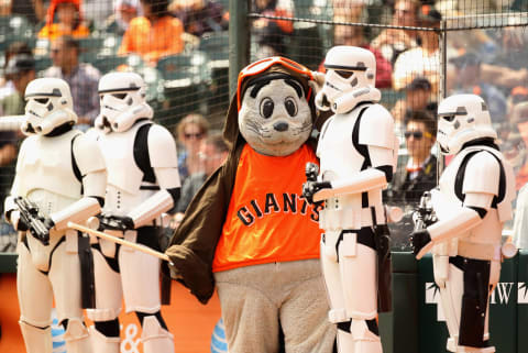 SAN FRANCISCO, CA – SEPTEMBER 04: SF Giants mascot Lou Seal stands with Stormtroopers before their game against the Arizona Diamondbacks at AT&T Park on September 4, 2011, in San Francisco, California. (Photo by Ezra Shaw/Getty Images)