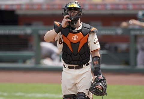 SAN FRANCISCO, CALIFORNIA – AUGUST 16: Tyler Heineman #43 of the SF Giants looks on against the Oakland Athletics in the top of the fifth inning at Oracle Park on August 16, 2020. (Photo by Thearon W. Henderson/Getty Images)