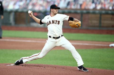 Kevin Gausman #34 of the SF Giants pitches against the Los Angeles Angels in the first inning at Oracle Park on August 20, 2020. Gausman has been one of the best free-agent signings of Farhan Zaidi’s tenure with the team. (Photo by Ezra Shaw/Getty Images)