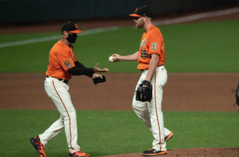 SAN FRANCISCO, CA – SEPTEMBER 04: Sam Coonrod #65 of the SF Giants is relieved by manager Gabe Kapler #19 during the fifth inning against the Arizona Diamondbacks at Oracle Park on September 4, 2020, in San Francisco, California. The Arizona Diamondbacks defeated the San Francisco Giants 6-5. (Photo by Jason O. Watson/Getty Images)