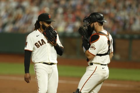 SAN FRANCISCO, CALIFORNIA – SEPTEMBER 21: Starting pitcher Johnny Cueto #47 of the SF Giants talks to catcher Joey Bart during the game against the Colorado Rockies at Oracle Park on September 21, 2020 in San Francisco, California. (Photo by Lachlan Cunningham/Getty Images)