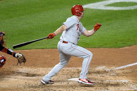 Jay Bruce #9 of the Philadelphia Phillies bats against the Washington Nationals during the second game of a doubleheader at Nationals Park on September 22, 2020. (Photo by G Fiume/Getty Images)