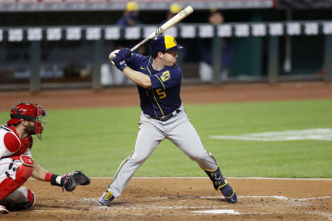 CINCINNATI, OH – SEPTEMBER 21: Jedd Gyorko #5 of the Milwaukee Brewers bats during a game against the Cincinnati Reds at Great American Ball Park on September 21, 2020 in Cincinnati, Ohio. The Reds won 6-3. (Photo by Joe Robbins/Getty Images)