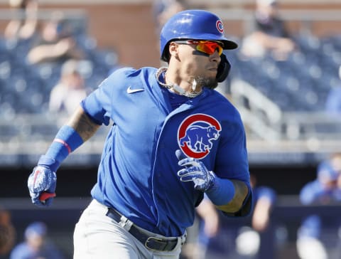 Javier Báez of the Chicago Cubs in action against the San Diego Padres during the MLB spring training game at Peoria Sports Complex on March 01, 2021 in Peoria, Arizona. Báez will be a free-agent following the 2021 season. (Photo by Steph Chambers/Getty Images)