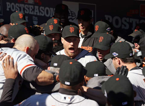 Hunter Pence #8 of the SF Giants tries to motivate his team prior to playing against the Cincinnati Reds in Game Five of the National League Division Series at Great American Ball Park on October 11, 2012. (Photo by Andy Lyons/Getty Images)