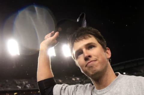 Buster Posey #28 of the SF Giants celebrates after defeating the Detroit Tigers to win Game Four of the Major League Baseball World Series at Comerica Park. (Photo by Doug Pensinger/Getty Images)