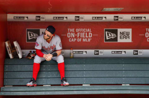 PHOENIX, AZ – MAY 13: Bryce Harper #34 of the Washington Nationals sits in the dugout before the MLB game against the Arizona Diamondbacks at Chase Field on May 13, 2015 in Phoenix, Arizona. The Nationals defeated the Diamondbacks 9-6. (Photo by Christian Petersen/Getty Images)