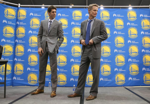 Warriors general manager Bob Myers and head coach Steve Kerr. (Photo by Justin Sullivan/Getty Images)