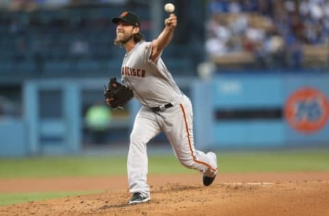 LOS ANGELES, CA – SEPTEMBER 23: Madison Bumgarner #40 of the San Francisco Giants throws a pitch in the second inning against the Los Angeles Dodgers at Dodger Stadium on September 23, 2017 in Los Angeles, California. (Photo by Stephen Dunn/Getty Images)