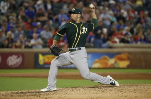 ARLINGTON, TX – SEPTEMBER 29: Sam Moll #62 of the Oakland Athletics pitches against the Texas Rangers during the fifth inning at Globe Life Park in Arlington on September 29, 2017 in Arlington, Texas. (Photo by Ron Jenkins/Getty Images)