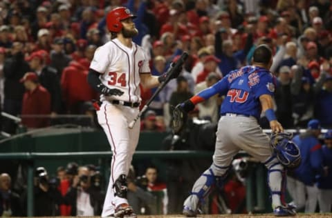 WASHINGTON, DC – OCTOBER 13: Bryce Harper #34 of the Washington Nationals strikes out for the final out of the game against the Chicago Cubs in game five of the National League Division Series at Nationals Park on October 13, 2017 in Washington, DC. (Photo by Patrick Smith/Getty Images)