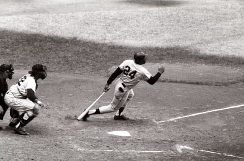 Willie Mays of the SF Giants bats against the New York Yankees in the 1962 World Series. (Photo by Herb Scharfman/Sports Imagery/Getty Images)