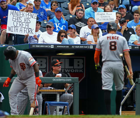 Hunter Pence signs became a meme in 2014. (Photo by Jay Biggerstaff/TUSP/Getty Images)