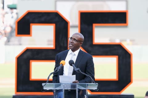 Former SF Giants player Barry Bonds speaks at a ceremony to retire his #25 jersey at AT&T Park on August 11, 2018, in San Francisco, California. (Photo by Lachlan Cunningham/Pool via Getty Images)