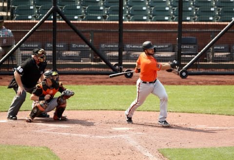 One of the SF Giants’ top prospects, Joey Bart hits a double. (Photo by Ezra Shaw/Getty Images)