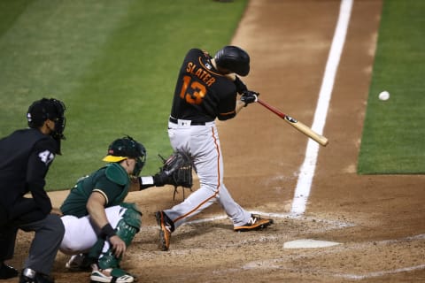 SF Giants outfielder Austin Slater bats against the Oakland Athletics. (Photo by Ezra Shaw/Getty Images)