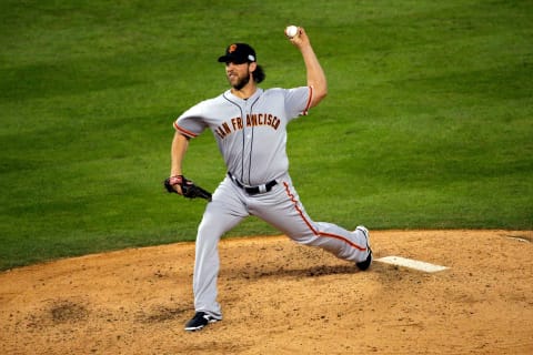 Madison Bumgarner with the SF Giants during Game Seven of the 2014 World Series at Kauffman Stadium on October 29, 2014. (Photo by Doug Pensinger/Getty Images)