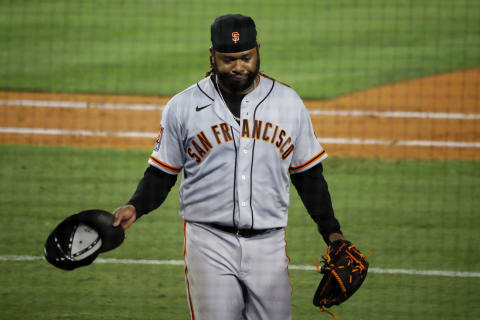 SF Giants starter Johnny Cueto walks off the field after giving up a three-run home run. (Photo by Katelyn Mulcahy/Getty Images)