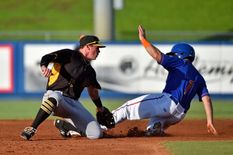 Bradenton Marauders second baseman Mitchell Tolman (5) applies a tag. Tolman was acquired by the SF Giants on Thursday. (Jasen Vinlove-USA TODAY Sports)