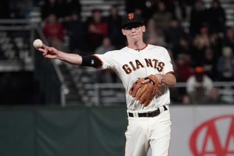 May 14, 2018; San Francisco, CA; SF Giants second baseman Kelby Tomlinson (37) throws the ball against the Cincinnati Reds during the fourth inning at AT&T Park. (Stan Szeto-USA TODAY Sports)