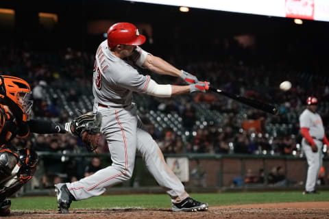 Cincinnati Reds left fielder Adam Duvall hits a home run against the SF Giants during the ninth inning at AT&T Park. (Stan Szeto-USA TODAY Sports)