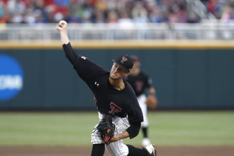 Jun 21, 2018; Omaha, NE, USA; Texas Tech Red Raiders pitcher Caleb Kilian (32) throws against the Florida Gators in the first inning in the College World Series at TD Ameritrade Park. Mandatory Credit: Bruce Thorson-USA TODAY Sports