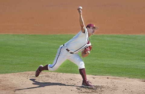 SF Giants prospect R.J. Dabovich (11) pitches against Xavier in the third inning at Phoenix Municipal Stadium in Phoenix, Ariz. on March 10, 2019, for Arizona State.