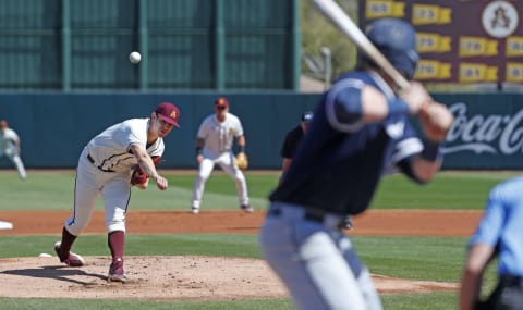 Current SF Giants prospect R.J. Dabovich during his time at Arizona State, pitching against Xavier at Phoenix Municipal Stadium.