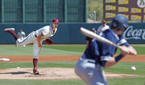 Arizona State’s RJ Dabovich pitches during the first inning against Xavier at Phoenix Municipal Stadium in Phoenix, Ariz. He was drafted by the SF Giants in the 4th round of the 2020 MLB Draft.