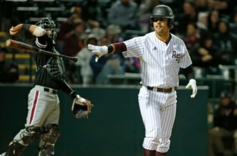 Arizona State second baseman Carter Aldrete walks to first during a baseball game against New Mexico at Phoenix Municipal Stadium on March 13, 2019. The SF Giants drafted Aldrete in 2019.