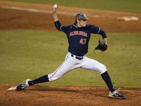 Auburn’s Richard Fitts (43) pitches the ball during the Auburn-Alabama Capital City Classic at Riverfront Park in Montgomery, Ala., on Tuesday, March 26, 2019. Alabama defeated Auburn 6-3. Fitts could be available to the SF Giants in the first round of this summer’s MLB Draft.