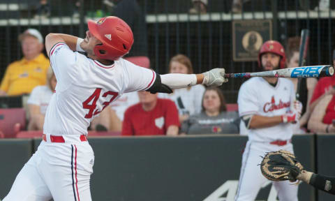 University of Louisville’s Logan Wyatt follows the ball’s arc after popping up to the Vanderbilt catcher in the bottom of the 4th inning. The SF Giants drafted Wyatt in 2019.