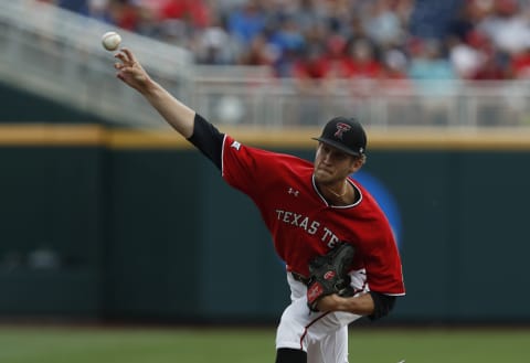 Texas Tech Red Raiders pitcher Caleb Kilian (32) throws in the first inning against the Arkansas Razorbacks in the 2019 College World Series at TD Ameritrade Park. He was drafted by the SF Giants in the 2019 Draft. (Bruce Thorson-USA TODAY Sports)