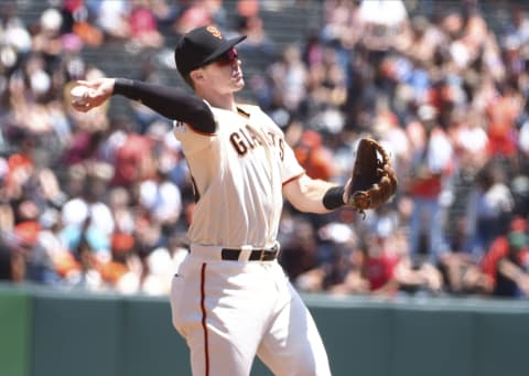 SF Giants third baseman Zach Green warms up before the game against the New York Mets at Oracle Park. (Kelley L Cox-USA TODAY Sports)