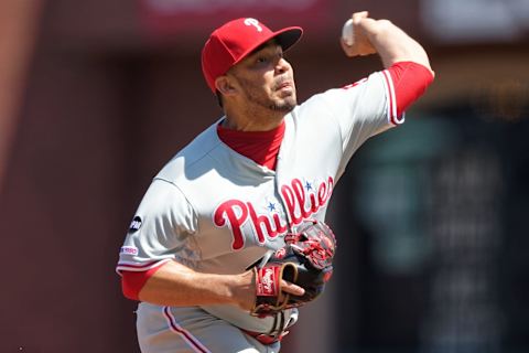 Philadelphia Phillies relief pitcher Jose Alvarez (52) delivers a pitch against the SF Giants during the sixth inning at Oracle Park. (Robert Edwards-USA TODAY Sports)