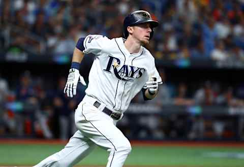 Former SF Giants third baseman Matt Duffy (5) singles in game three of the 2019 ALDS playoff baseball series at Tropicana Field during his time with the Rays. (Kim Klement-USA TODAY Sports)