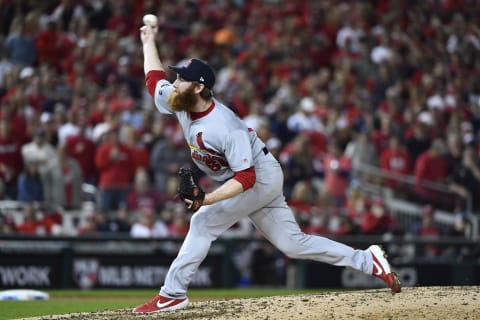 Oct 14, 2019; Washington, DC, USA; St. Louis Cardinals relief pitcher John Brebbia (60) delivers during the fifth inning of game three of the 2019 NLCS playoff baseball series against the Washington Nationals at Nationals Park. The SF Giants activated Brebbia on Sunday. (Brad Mills-USA TODAY Sports)