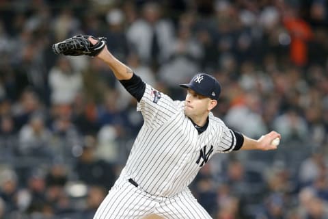 New York Yankees starting pitcher James Paxton (65) pitches against the Houston Astros during the fifth inning of game five of the 2019 ALCS playoff baseball series at Yankee Stadium. (Brad Penner-USA TODAY Sports)