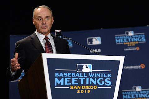 Major League Baseball and their franchises, like the SF Giants, led by commissioner Rob Manfred, are suing many of their insurance providers. (Orlando Ramirez-USA TODAY Sport)