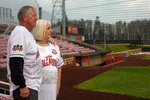 Jerry and JoAnn Wood pose for a portrait at the Volcanoes Stadium in Keizer, Ore. on Dec. 18, 2019. They have been Volcanoes season ticket holders for 23 years.