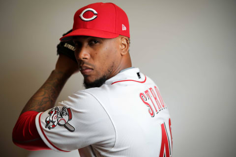 Cincinnati Reds relief pitcher Pedro Strop (46) stands for a portrait, Wednesday, Feb. 19, 2020, at the baseball team’s spring training facility in Goodyear, Ariz.