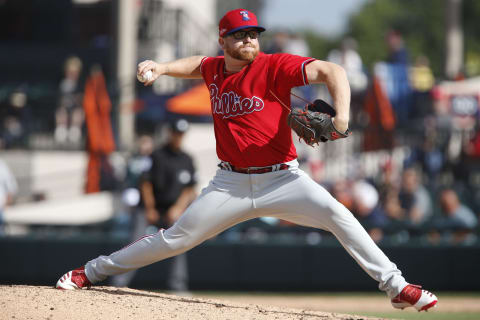 Philadelphia Phillies relief pitcher Addison Russ throws a pitch during the seventh inning against the Detroit Tigers at Publix Field at Joker Marchant Stadium. Could he be in the SF Giants bullpen next season? (Reinhold Matay-USA TODAY Sports)