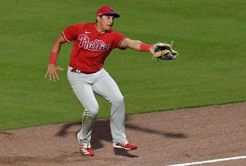 Philadelphia Phillies outfielder Mikie Mahtook (16) chases down a fly ball in the third inning against the Atlanta Braves at CoolToday Park. (Jonathan Dyer-USA TODAY Sports)