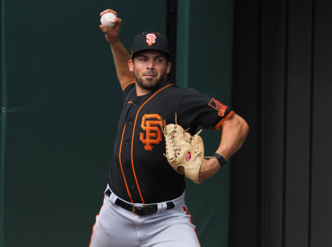 SF Giants pitcher Tyler Cyr (87) throws during a workout at Oracle Park. (Kelley L Cox-USA TODAY Sports)