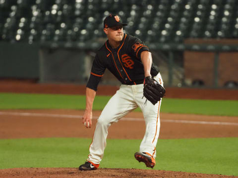 SF Giants relief pitcher Sam Wolff (83) pitches the ball against the Oakland Athletics during the ninth inning at Oracle Park. (Kelley L Cox-USA TODAY Sports)