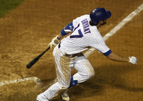 Chicago Cubs left fielder/third baseman Kris Bryant (17) hits a home run against the Kansas City Royals during the seventh inning at Wrigley Field. The SF Giants have reportedly discussed Bryant with the Cubs in trade talks. (David Banks-USA TODAY Sports)